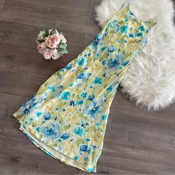 Vintage Ann Taylor Silk Light Green Floral Low Cut Tie Back Maxi Dress 6 - Picture 1 of 5